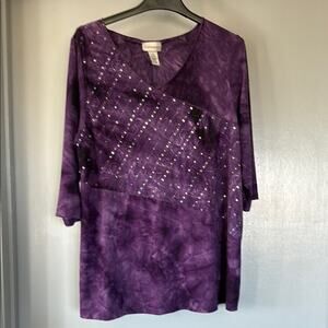 Catherines Women's Purple Sequined Pullover  Short Sleeves Top V-Neck sz 14/16